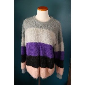 PRMA Shaggy Colorblock Long-Sleeved Blue Purple White Black Sweater Women M